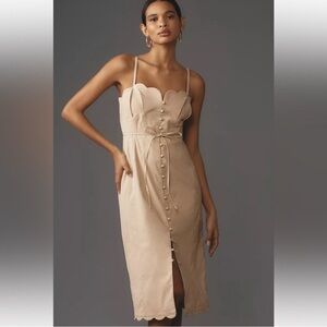 By Anthropologie Slim Scalloped Front-Slit Corset Dress Tan Beige Size 12